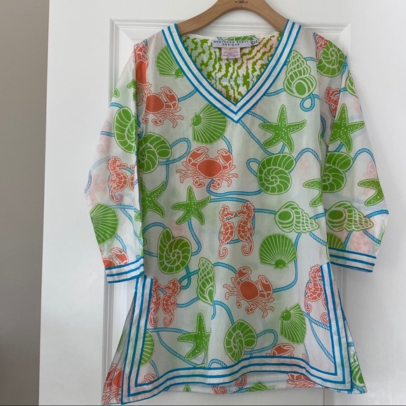 Gretchen Scott Designs Tops - Gretchen Scott Designs Sea Life Crab Sea Horse Seashell Tunic Top w Measurements